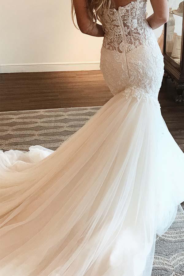 Elegante vestido de novia largo de encaje estilo sirena con escote corazón y cuentas
