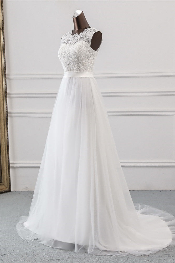 Elegant Tulle Jewel Neckline Sleeveless White Wedding Dress With Appliques