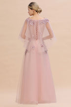 Elegant Tulle A-line Floral Wedding Dress Puffy Long Sleeves Evening Party Dress