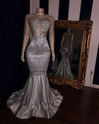 Robes de bal élégantes en tulle dos nu argentées à manches longues style sirène pour soirées
