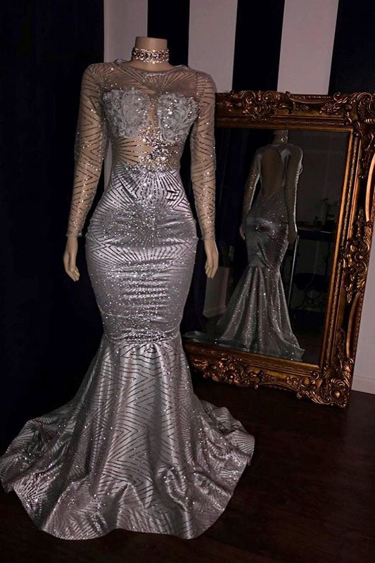 Robes de bal élégantes en tulle dos nu argentées à manches longues style sirène pour soirées