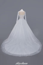 Robe de bal élégante en tulle et dentelle, col montant, manches longues, longueur au sol, robe de mariée