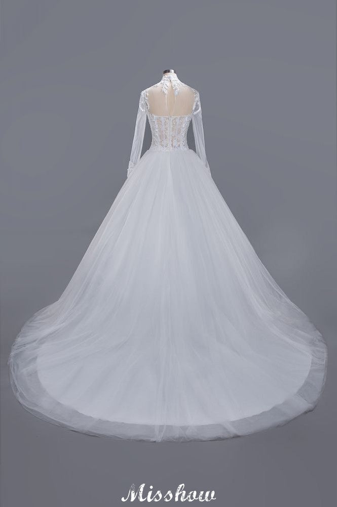Robe de bal élégante en tulle et dentelle, col montant, manches longues, longueur au sol, robe de mariée