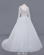Robe de bal élégante en tulle et dentelle, col montant, manches longues, longueur au sol, robe de mariée
