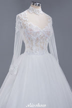 Robe de bal élégante en tulle et dentelle, col montant, manches longues, longueur au sol, robe de mariée