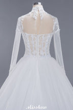 Robe de bal élégante en tulle et dentelle, col montant, manches longues, longueur au sol, robe de mariée