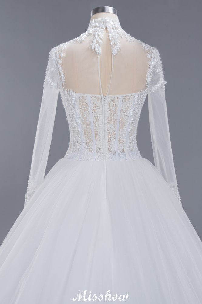 Robe de bal élégante en tulle et dentelle, col montant, manches longues, longueur au sol, robe de mariée