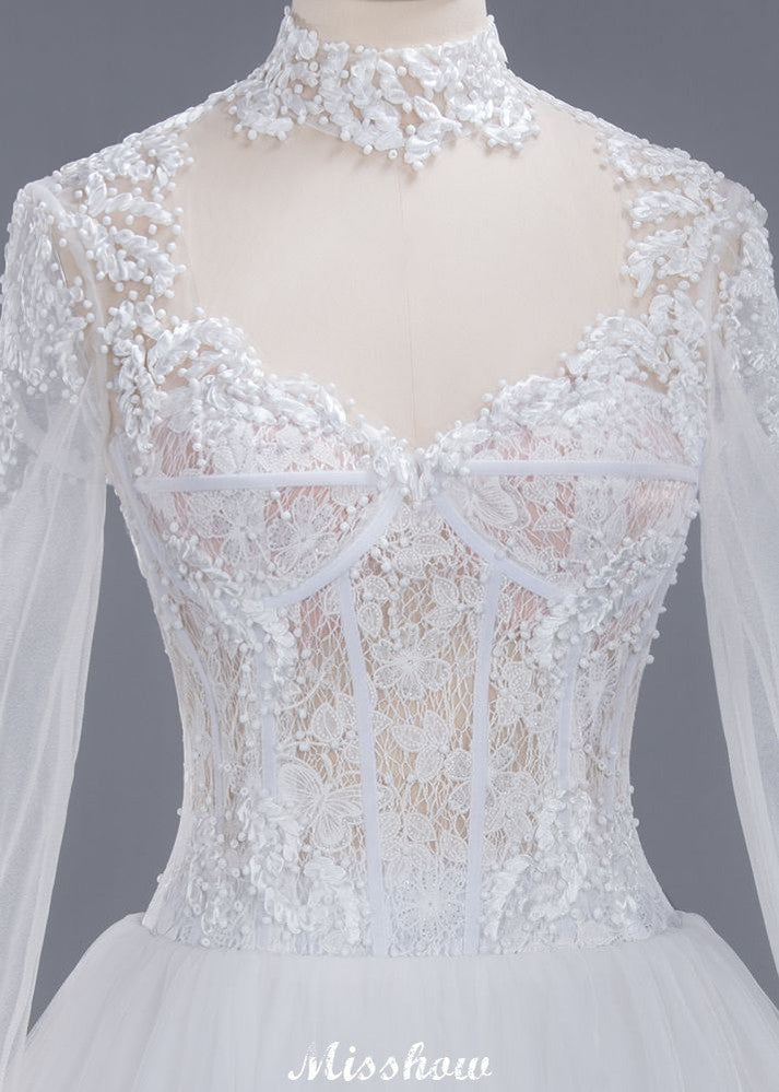 Robe de bal élégante en tulle et dentelle, col montant, manches longues, longueur au sol, robe de mariée