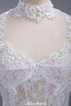 Robe de bal élégante en tulle et dentelle, col montant, manches longues, longueur au sol, robe de mariée