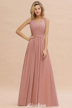 Vestido de noite longo elegante em linha A com decote em V Vestido de dama de honor sem mangas Estilos
