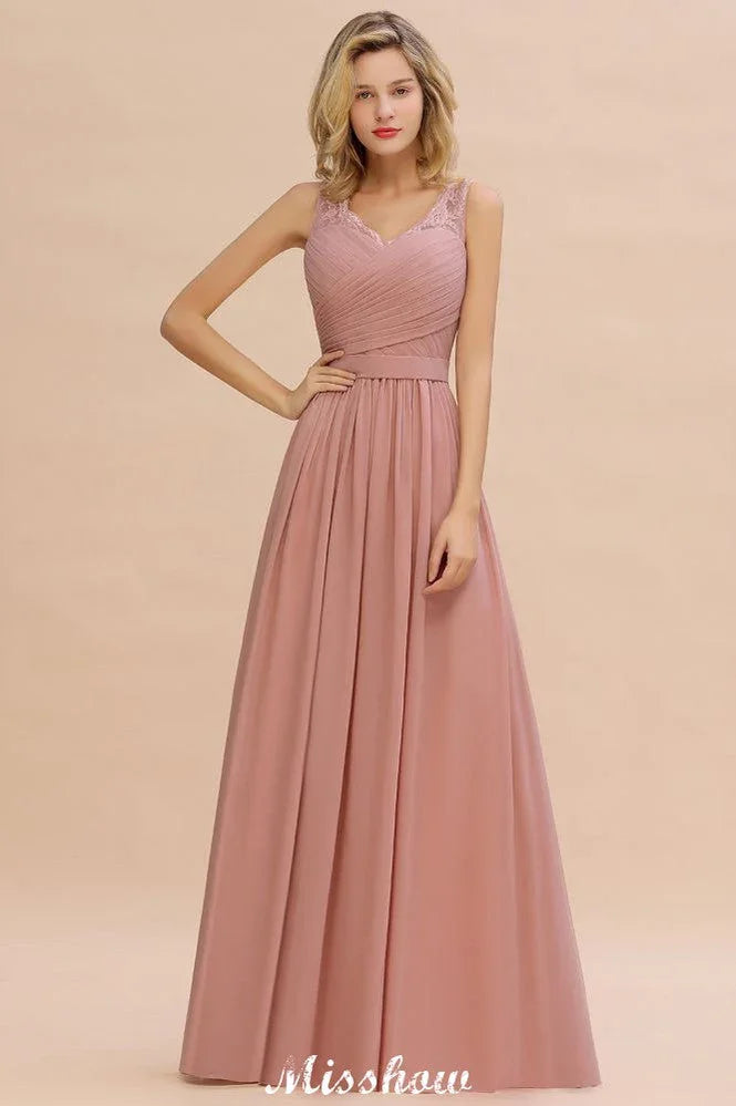 Vestido de noite longo elegante em linha A com decote em V Vestido de dama de honor sem mangas Estilos