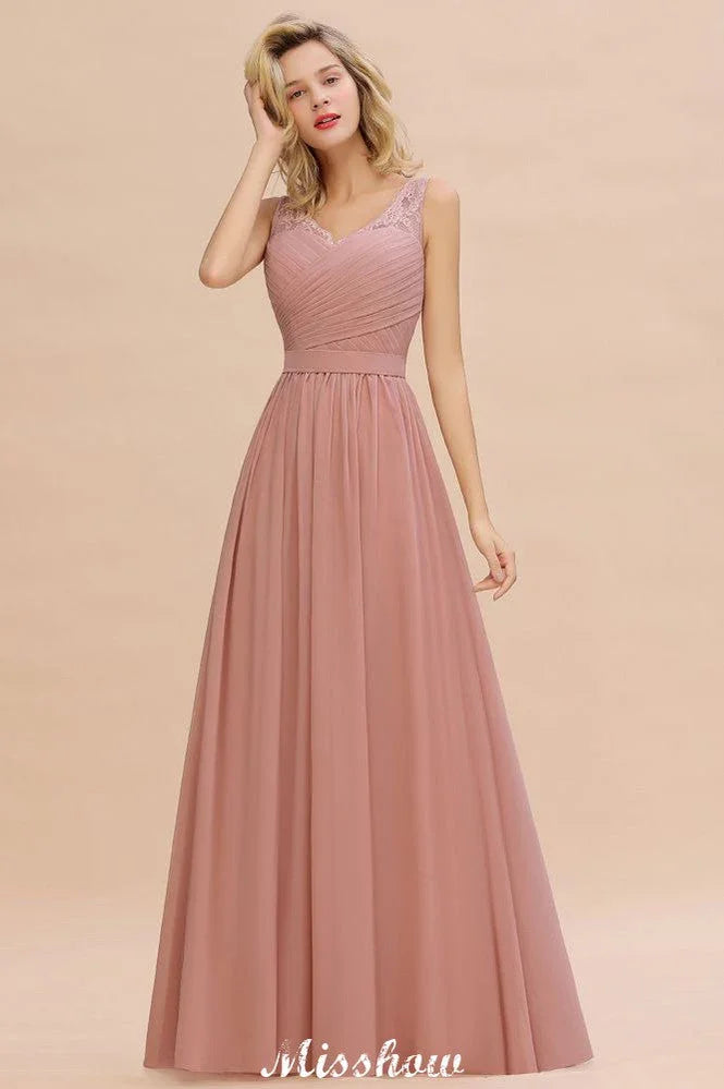Vestido de noite longo elegante em linha A com decote em V Vestido de dama de honor sem mangas Estilos