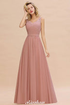 Vestido de noite longo elegante em linha A com decote em V Vestido de dama de honor sem mangas Estilos