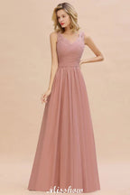Vestido de noite longo elegante em linha A com decote em V Vestido de dama de honor sem mangas Estilos