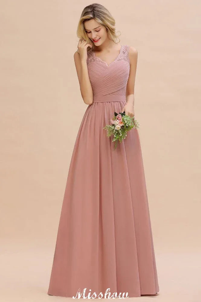 Vestido de noite longo elegante em linha A com decote em V Vestido de dama de honor sem mangas Estilos