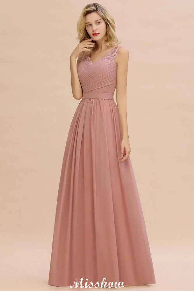 Vestido de noite longo elegante em linha A com decote em V Vestido de dama de honor sem mangas Estilos