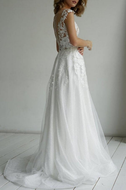 Elegantes vestidos de novia de corte A sin mangas con escote en V y encaje