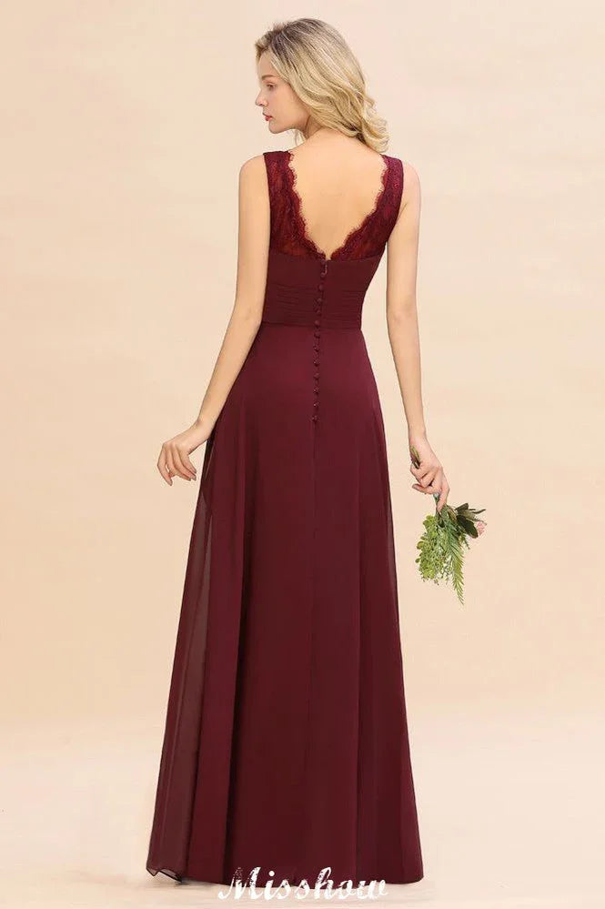 Vestido elegante de dama de honor com decote em V, corte evasê, cor borgonha, costas descobertas, em chiffon para festa
