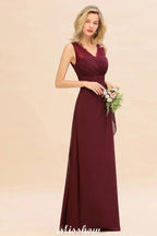 Vestido elegante de dama de honor com decote em V, corte evasê, cor borgonha, costas descobertas, em chiffon para festa