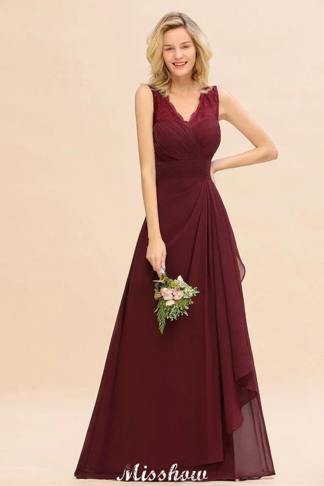 Vestido elegante de dama de honor com decote em V, corte evasê, cor borgonha, costas descobertas, em chiffon para festa