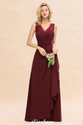Vestido elegante de dama de honor com decote em V, corte evasê, cor borgonha, costas descobertas, em chiffon para festa