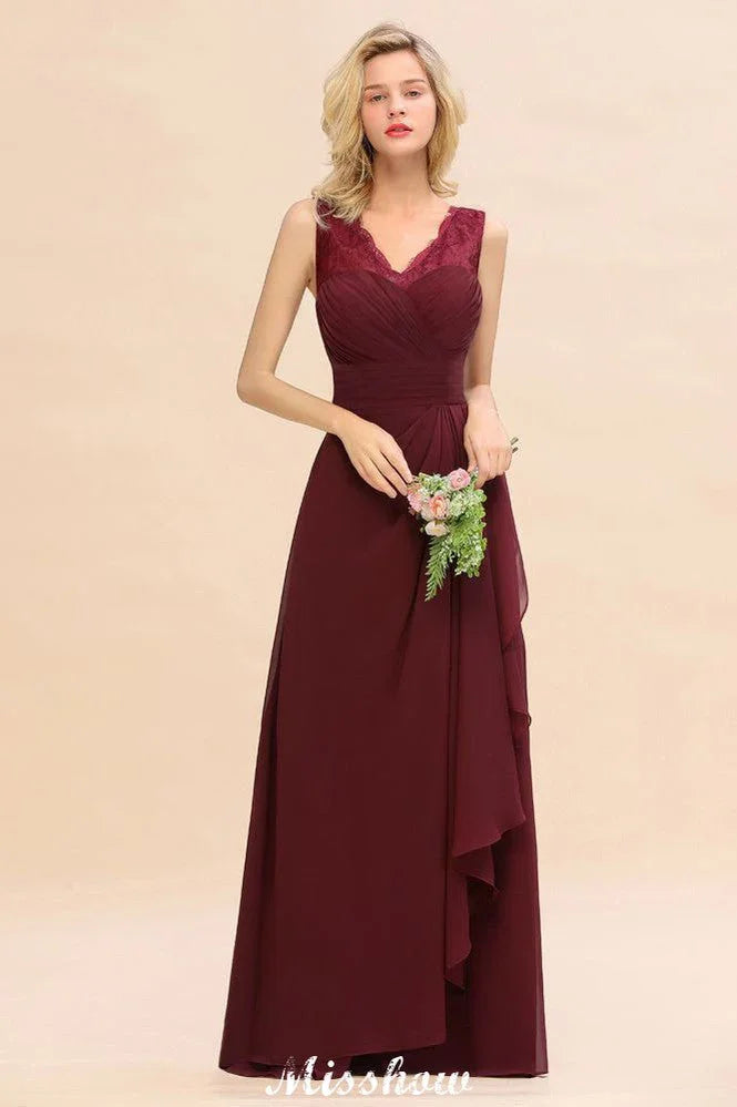 Vestido elegante de dama de honor com decote em V, corte evasê, cor borgonha, costas descobertas, em chiffon para festa