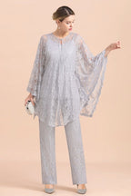 Elegant V-Neck Appliques Silver Mother of Bride Jumpsuit with Lace Wraps