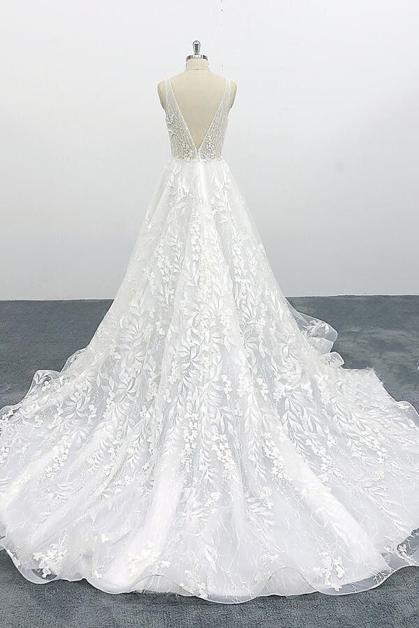 Vestido de Noiva Elegante em Tule com Aplicações e Decote em V, Corte em A
