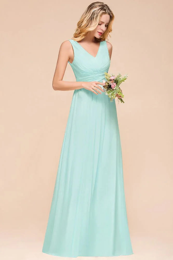 Elegantes Chiffon-Kleid für Brautjungfern mit V-Ausschnitt, A-Linien-Maxikleid für Hochzeitsfeier
