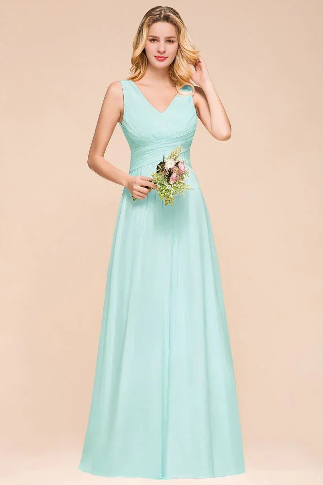 Elegantes Chiffon-Kleid für Brautjungfern mit V-Ausschnitt, A-Linien-Maxikleid für Hochzeitsfeier