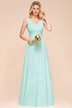 Elegantes Chiffon-Kleid für Brautjungfern mit V-Ausschnitt, A-Linien-Maxikleid für Hochzeitsfeier