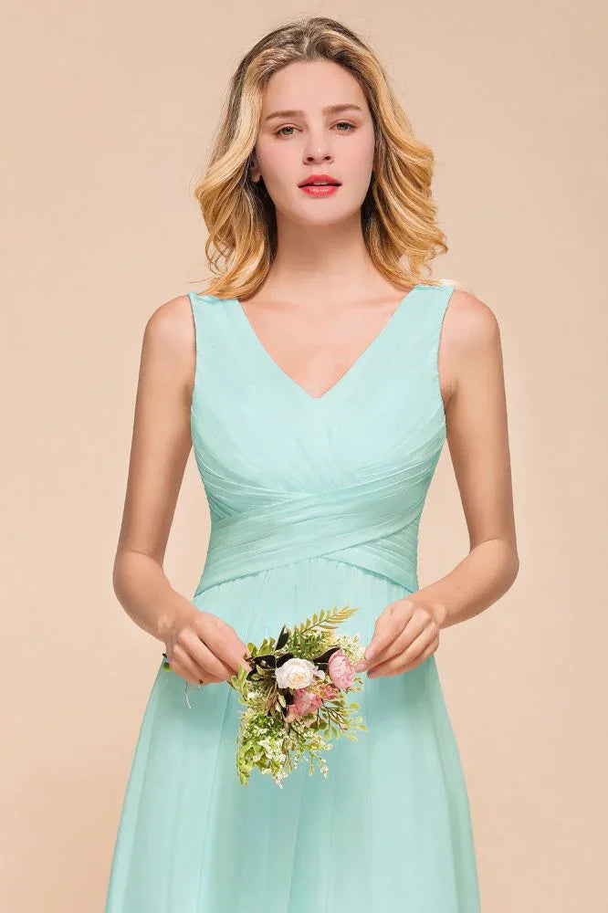Elegantes Chiffon-Kleid für Brautjungfern mit V-Ausschnitt, A-Linien-Maxikleid für Hochzeitsfeier