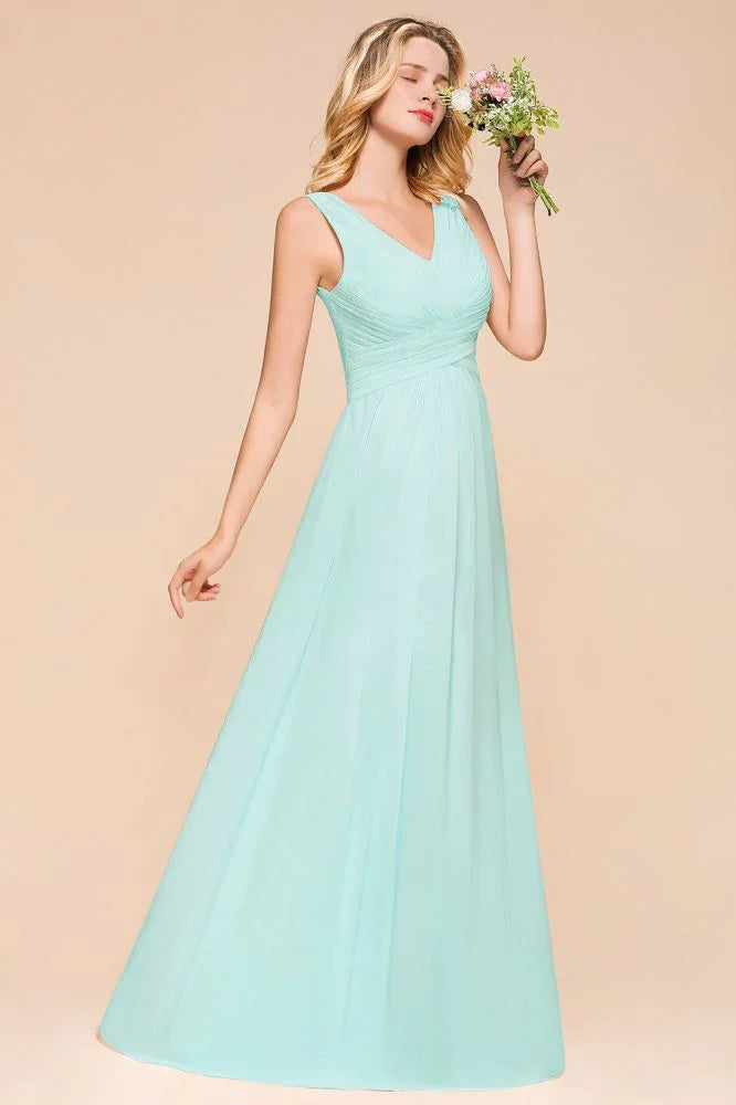 Elegantes Chiffon-Kleid für Brautjungfern mit V-Ausschnitt, A-Linien-Maxikleid für Hochzeitsfeier