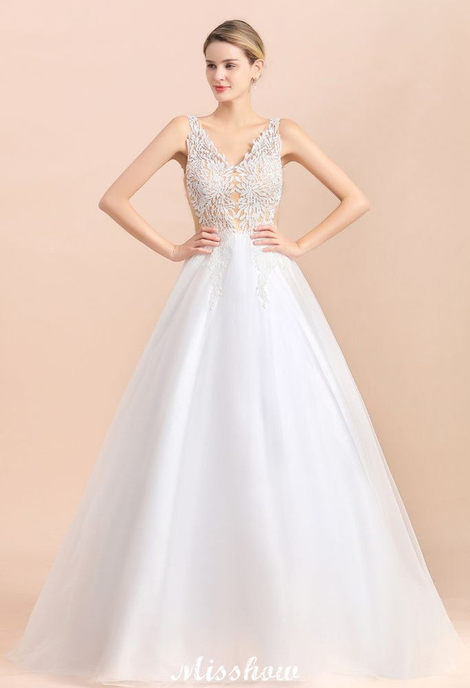 Robe de mariée élégante en dentelle florale à encolure en V, coupe évasée, plage, sans manches, en tulle, pour église