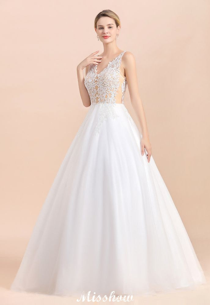 Robe de mariée élégante en dentelle florale à encolure en V, coupe évasée, plage, sans manches, en tulle, pour église