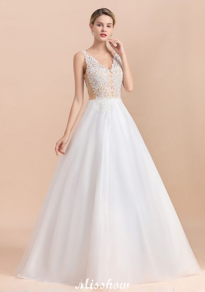 Robe de mariée élégante en dentelle florale à encolure en V, coupe évasée, plage, sans manches, en tulle, pour église