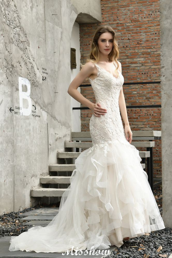 Robe de mariée élégante sirène à col en V avec tulle, appliques en dentelle et jupe bouffante