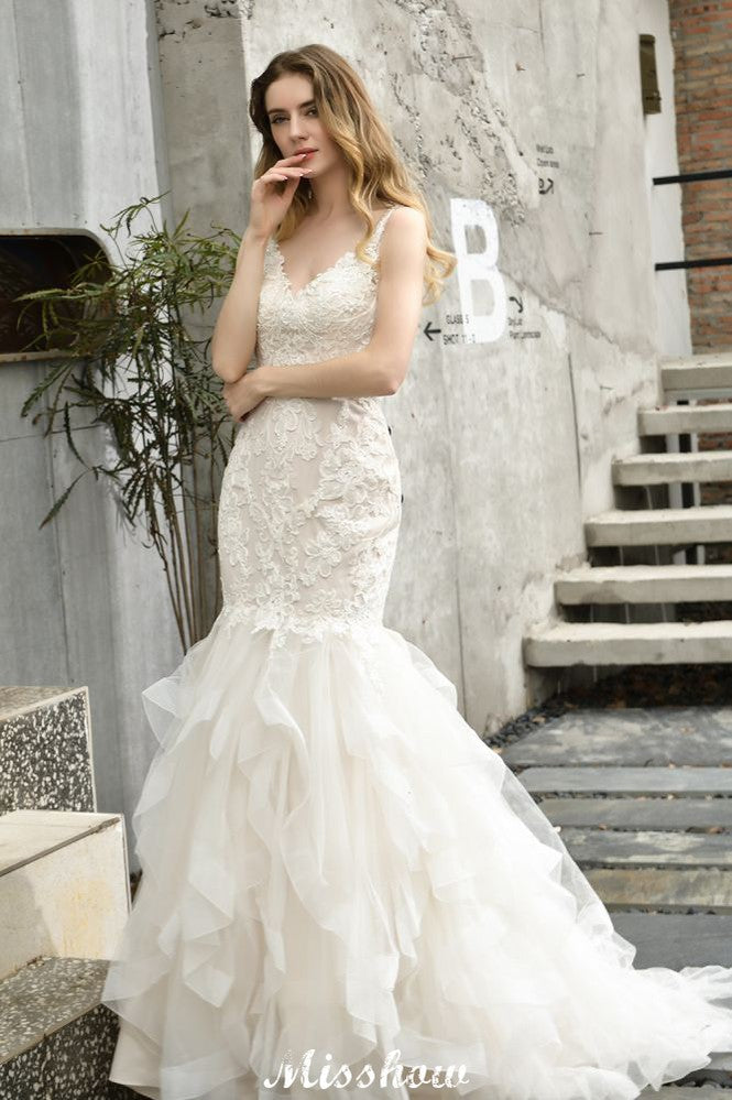 Robe de mariée élégante sirène à col en V avec tulle, appliques en dentelle et jupe bouffante