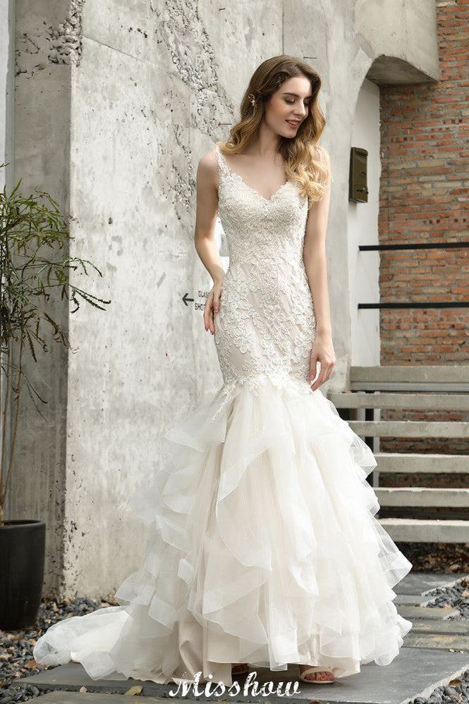 Robe de mariée élégante sirène à col en V avec tulle, appliques en dentelle et jupe bouffante