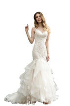 Robe de mariée élégante sirène à col en V avec tulle, appliques en dentelle et jupe bouffante