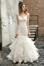Robe de mariée élégante sirène à col en V avec tulle, appliques en dentelle et jupe bouffante