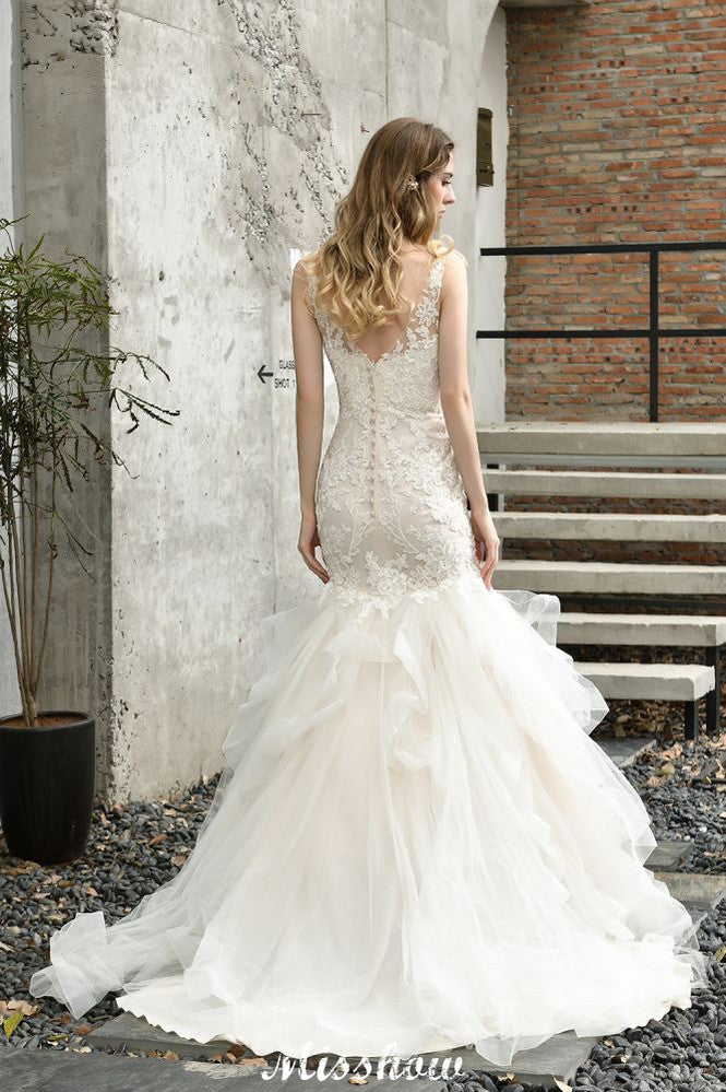 Robe de mariée élégante sirène à col en V avec tulle, appliques en dentelle et jupe bouffante