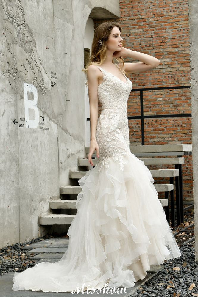 Robe de mariée élégante sirène à col en V avec tulle, appliques en dentelle et jupe bouffante