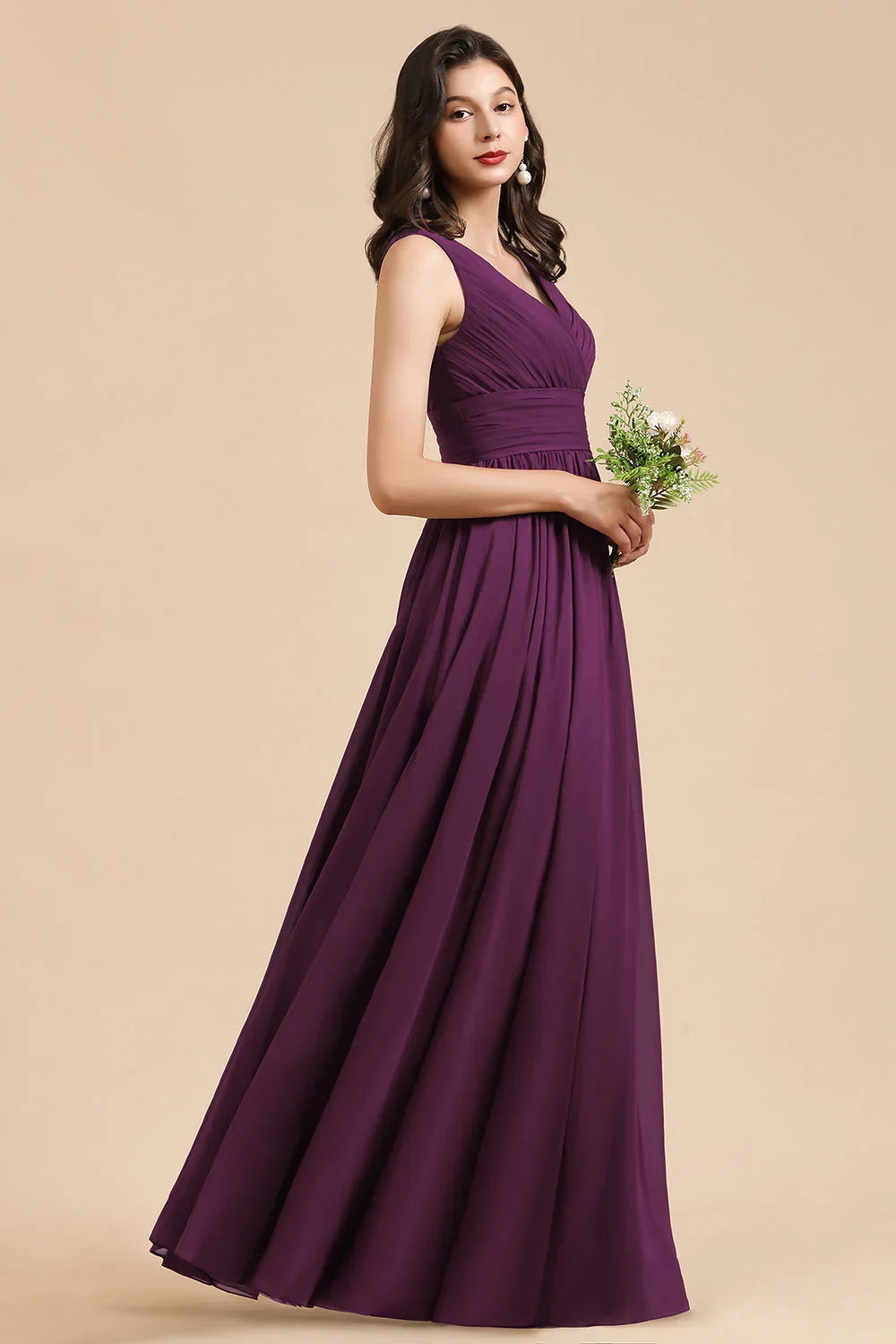 Elegant V-Neck Ruffle A-line Chiffon Lace Bridesmaid Dresses