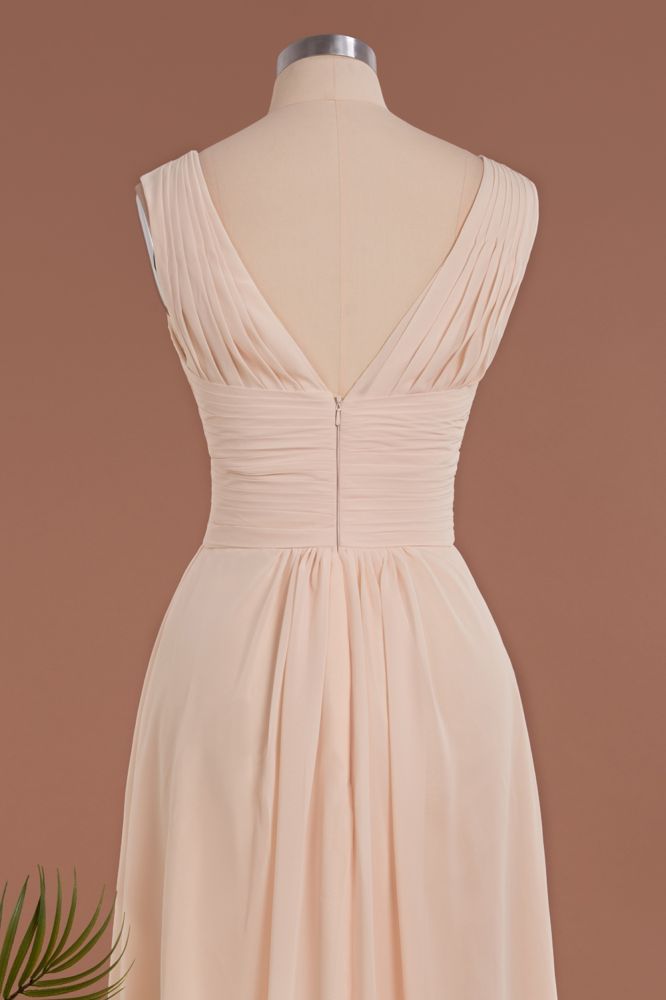 Elegant V-Neck Ruffles Simple Formal Dresses | A-Line Sleeveless Chiffon Evening Dresses