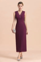 Elegant V-Neck SLeeveless Apppliques Grape Mother of Bride Dress with Wraps