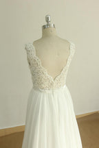 Elegante vestido de noiva de renda sem mangas com decote em V branco vestido de noiva de chiffon linha A
