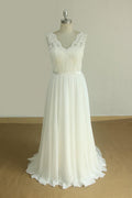 Elegante vestido de noiva de renda sem mangas com decote em V branco vestido de noiva de chiffon linha A
