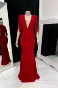Vestido de fiesta elegante sin mangas con escote en V y cola de sirena con borlas