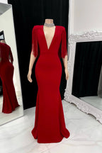 Vestido de fiesta elegante sin mangas con escote en V y cola de sirena con borlas